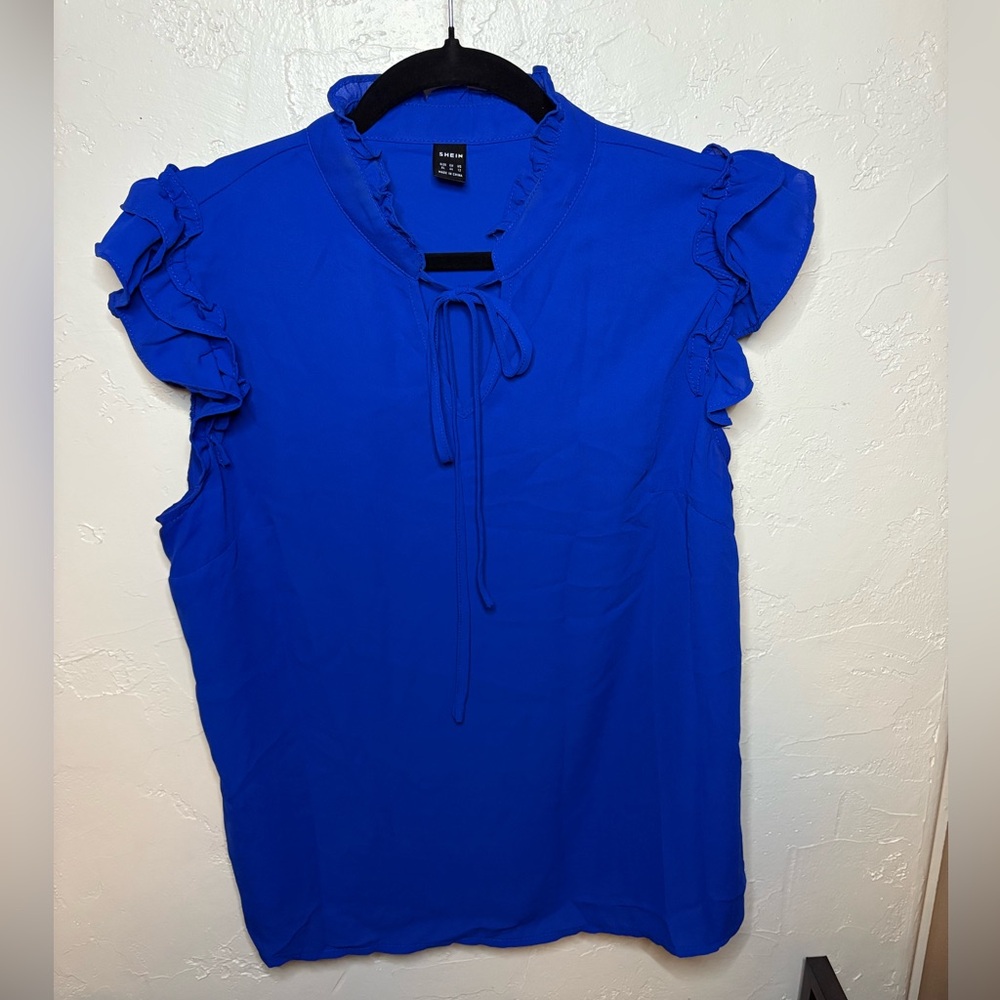 SHEIN Ruffle Sleeve Tie-Neck Blouse – Bright Cobalt Blue – Size XL